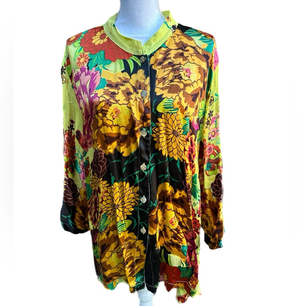 NWT Citron of Santa Monica Blouse Tunic Top Womens Yellow Silk Blend Kimono 2X